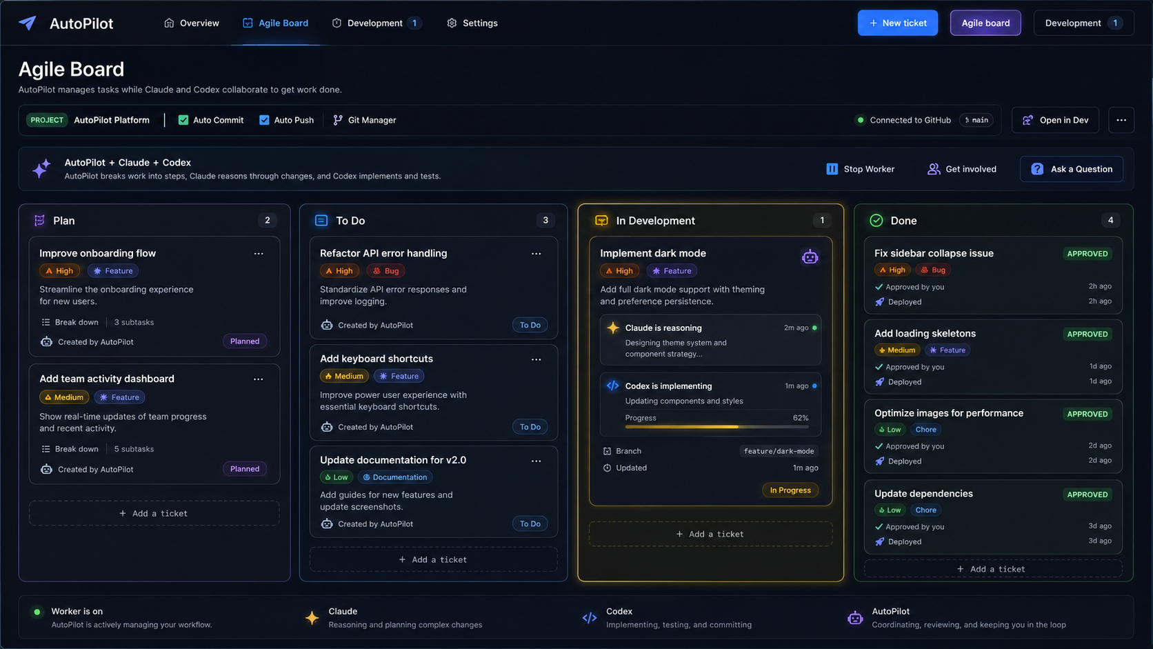 AutoPilot agile board managing development tickets with Claude and Codex