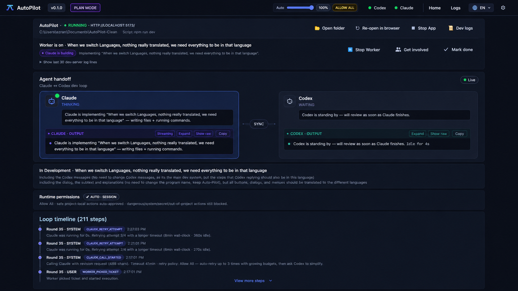 AutoPilot development dashboard showing Claude and Codex dev loop
